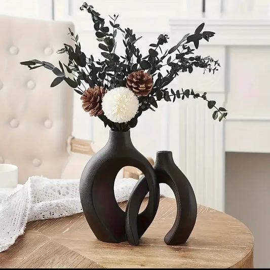 2pcs Boho Style Ceramic Vase Set, Black