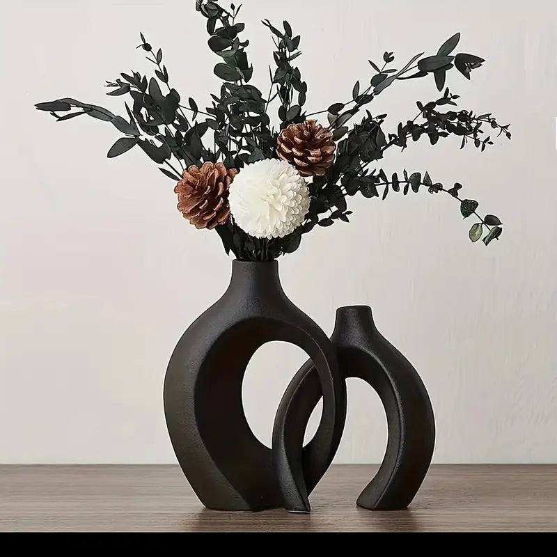 2pcs Boho Style Ceramic Vase Set, Black