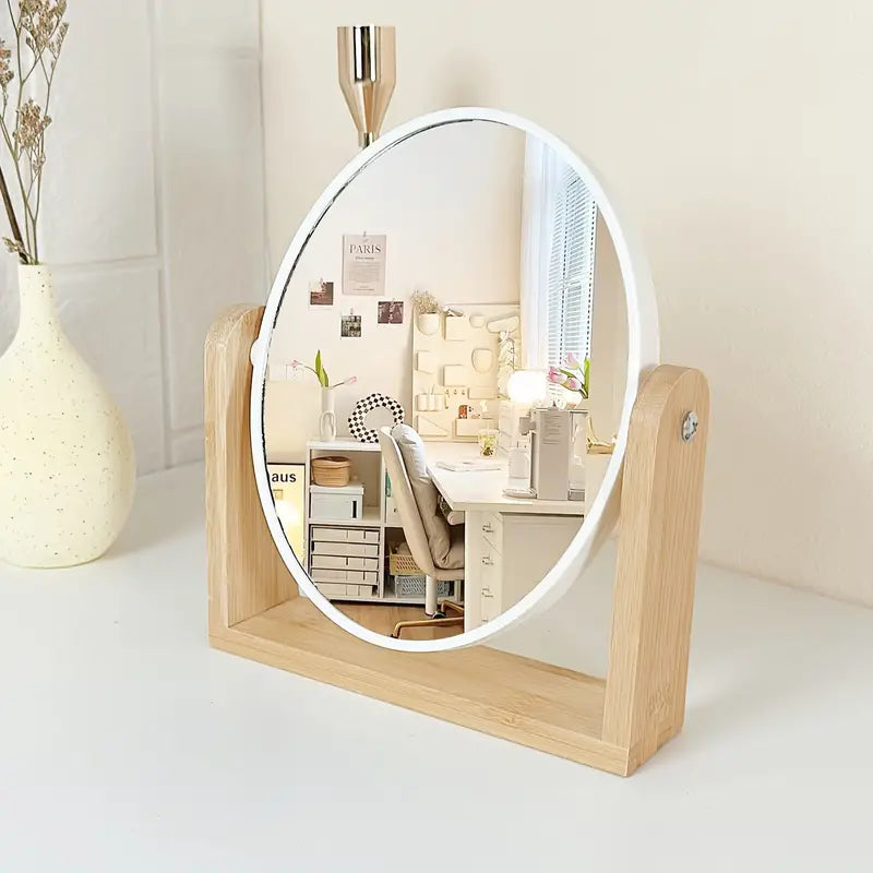 Wooden Frame Double-sided Makeup Mirror With Magnification